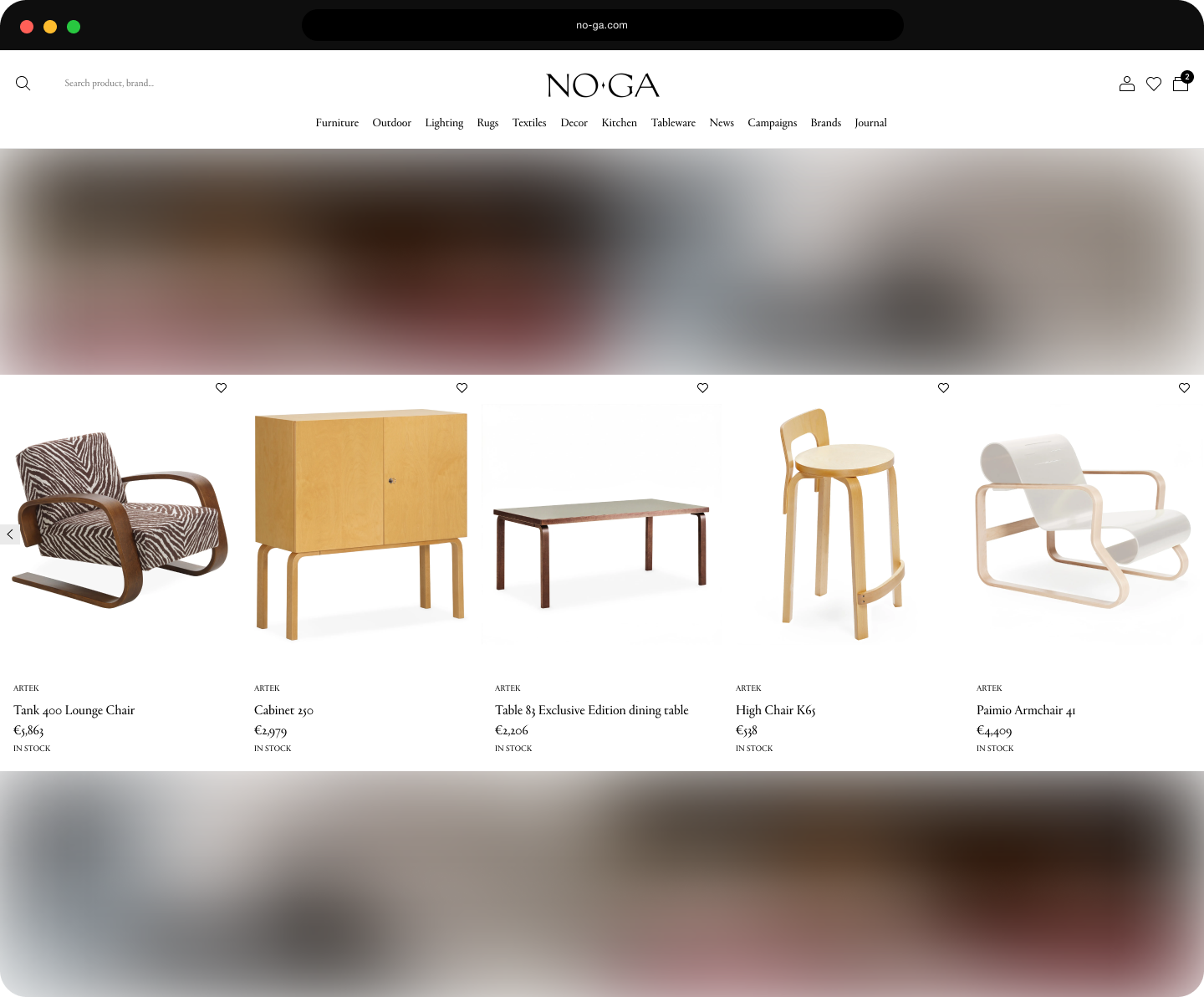 Artek product carousel on the homepage